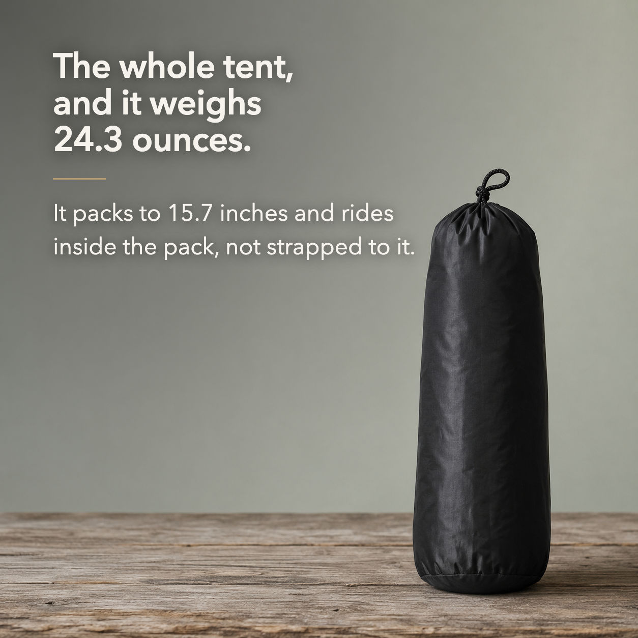 The packed tent in its black stuff sack, captioned: the whole tent, and it weighs 24.3 ounces