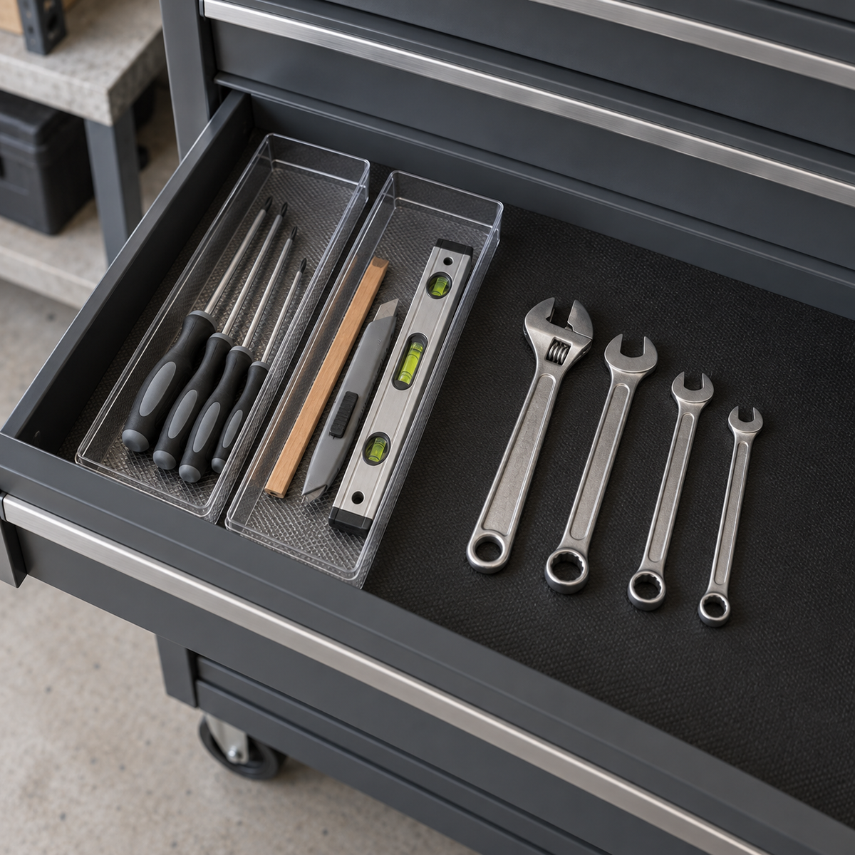 Two clear drawer organizer trays in a tool chest drawer holding screwdrivers, a pencil, a utility knife and a level
