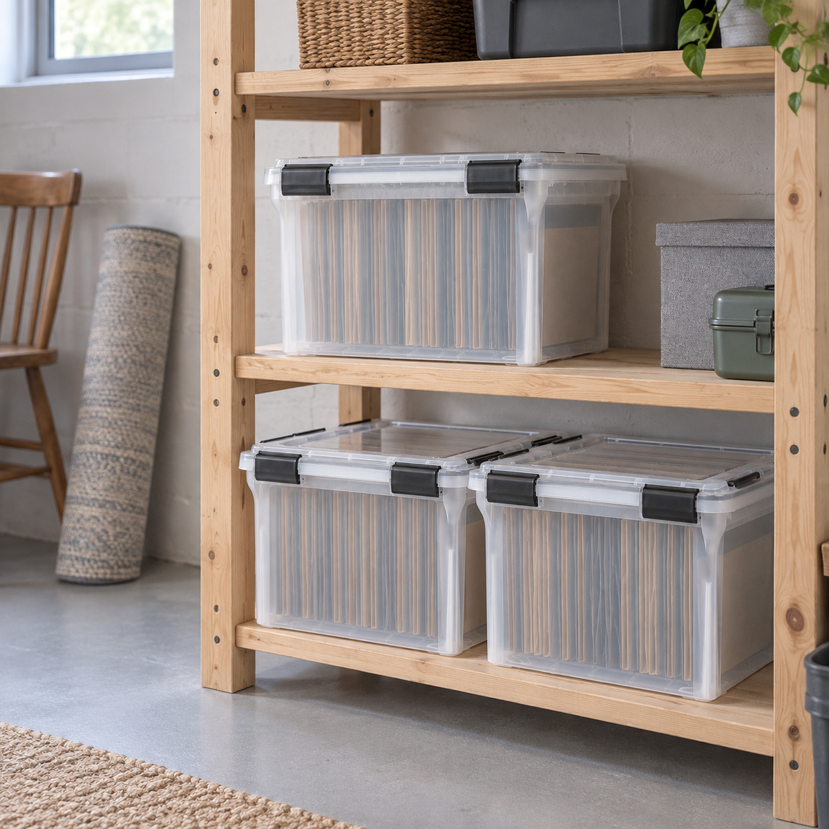 Clear file boxes with black latches on a wooden shelf in a clean basement