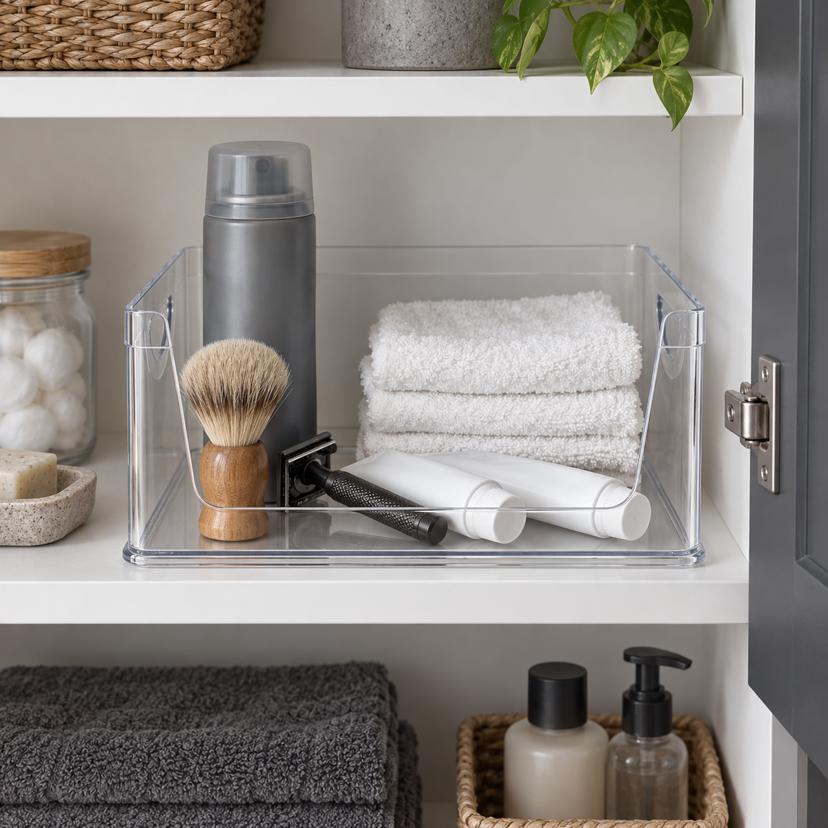 Clear open-front bin holding shaving foam, a razor and toothpaste inside a bathroom vanity cabinet