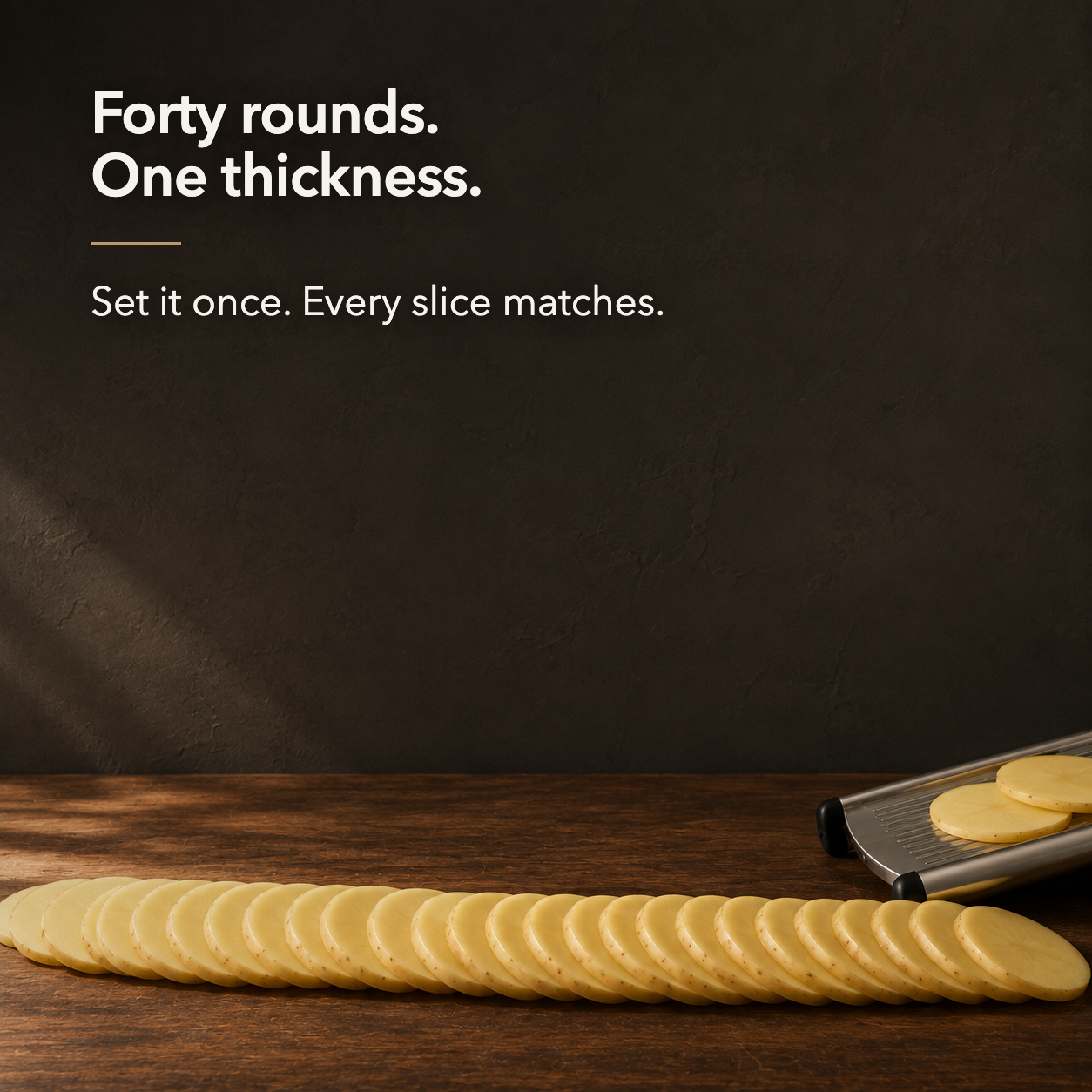 A long fan of identical potato slices with the words Forty rounds, one thickness, and set it once, every slice matches
