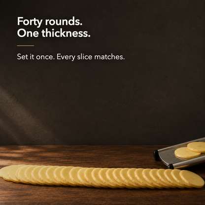 A long fan of identical potato slices with the words Forty rounds, one thickness, and set it once, every slice matches