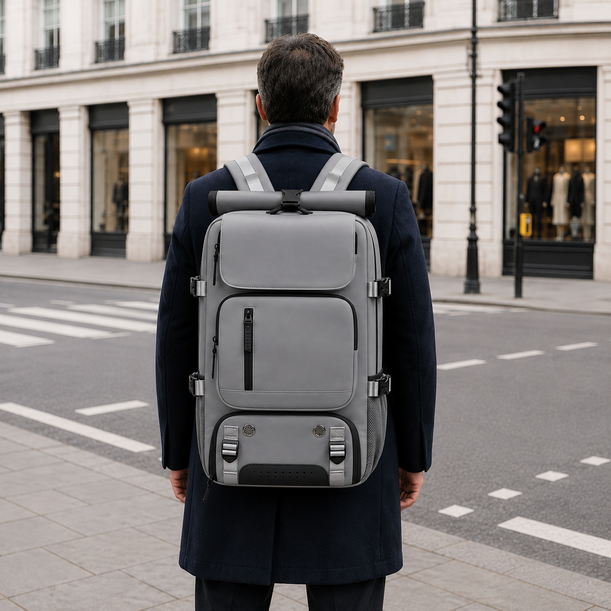 Dark gray travel backpack worn by a man waiting at a city street crossing, seen from behind in daylight