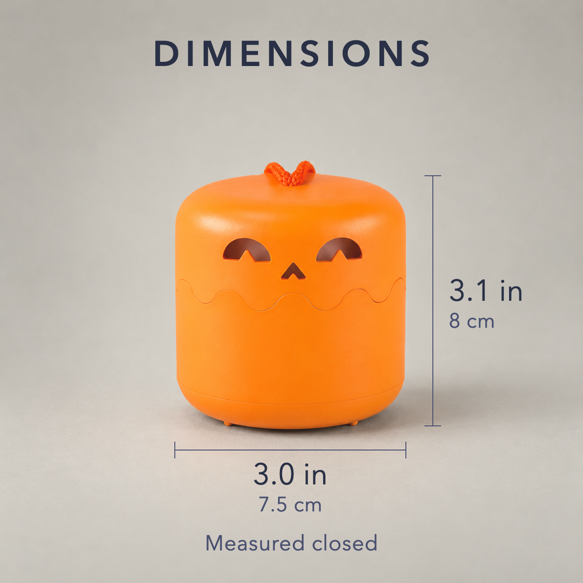 Pumpkin lantern measured at 3.1 inches tall and 3 inches across, closed