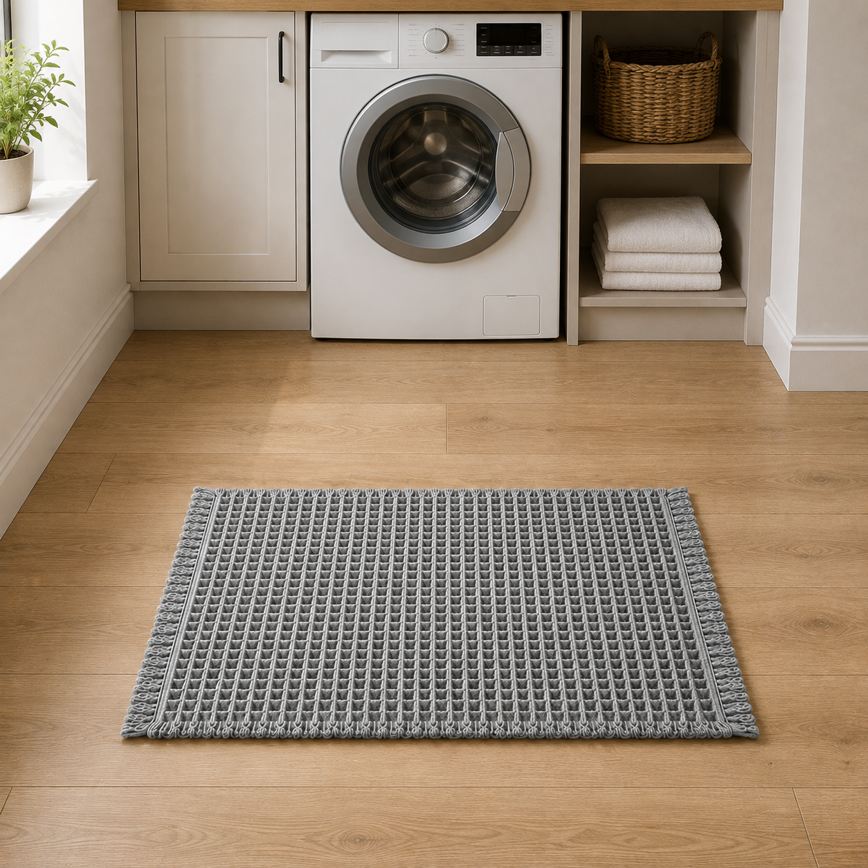 Gray waffle weave bath mat with fringed edges on a wood floor in front of a washing machine