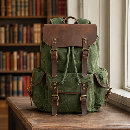 Green waxed canvas backpack on a wooden window sill in a second-hand bookshop