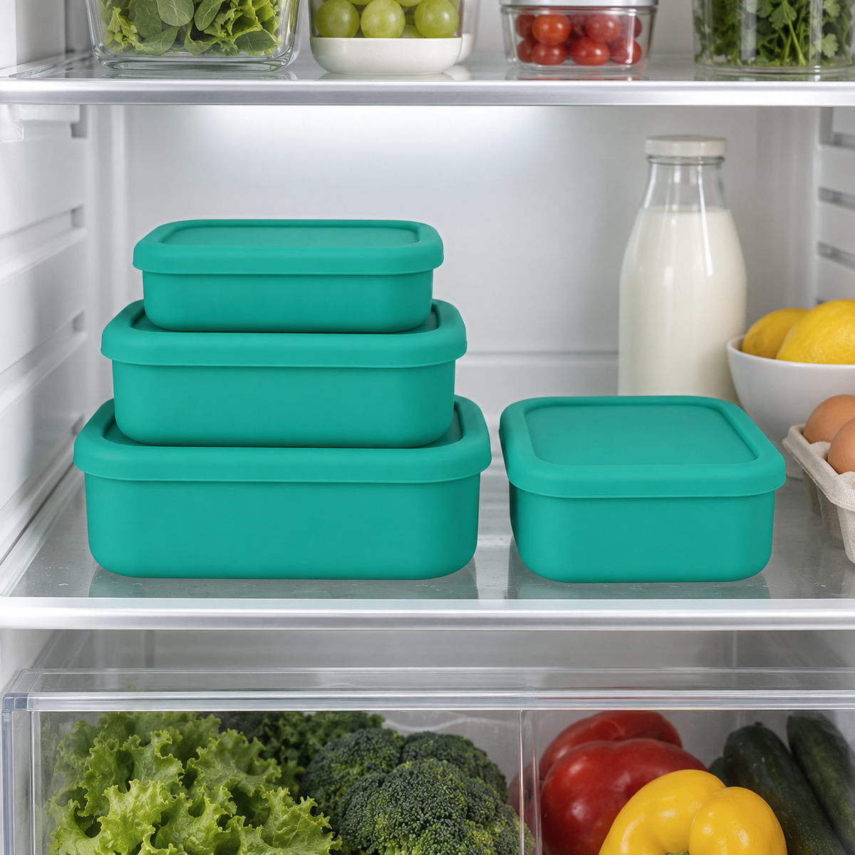 Green silicone food containers stacked with lids on, on a fridge shelf beside a bottle of milk