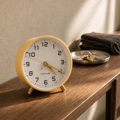 Butter yellow analog alarm clock on a walnut hallway console in late afternoon light, beside a tray of keys