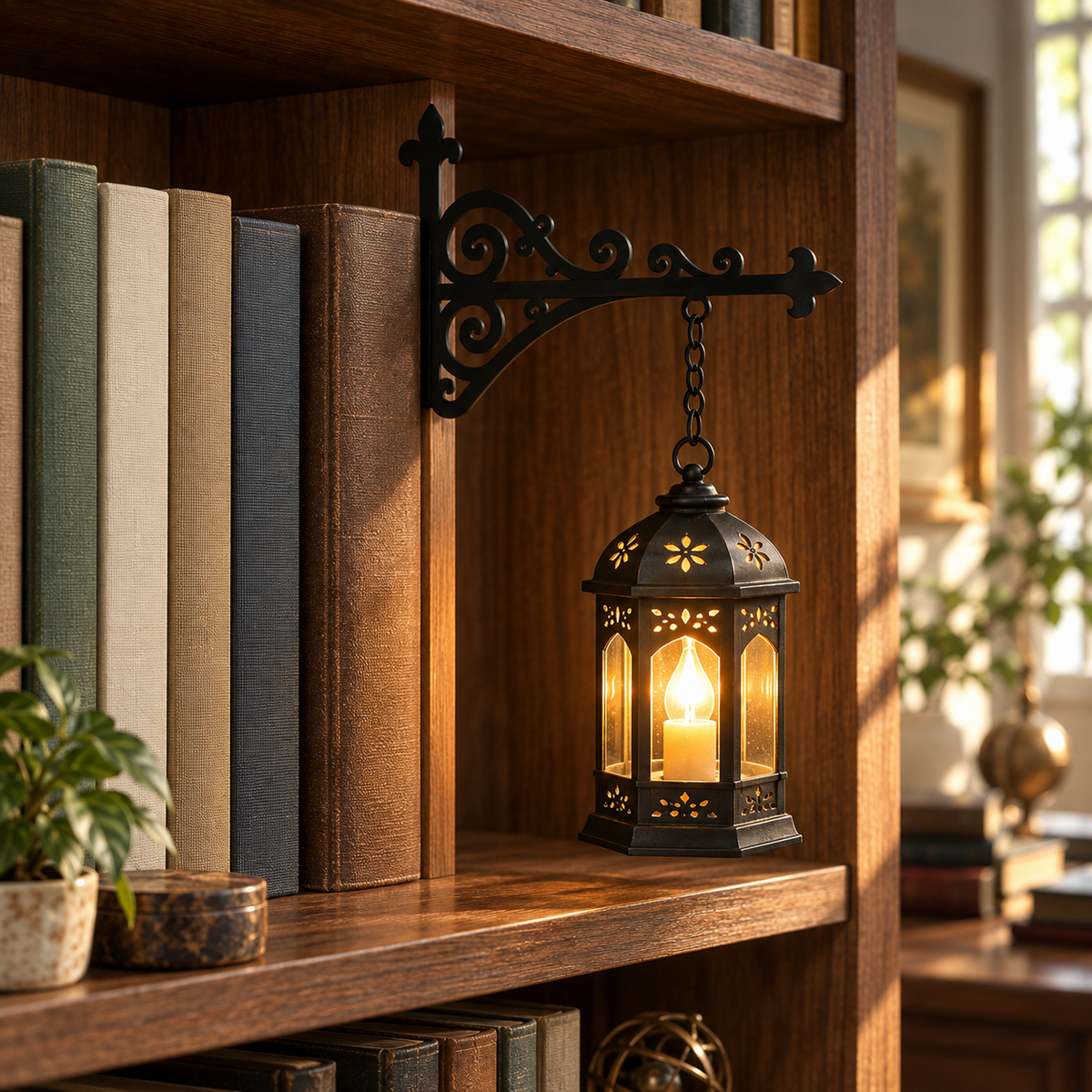 Hexagon Lantern pendant, six sides with a pierced roof and pierced bands, on the black bracket on a walnut shelf