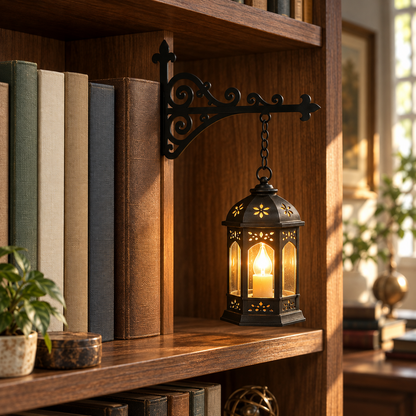 Hexagon Lantern pendant, six sides with a pierced roof and pierced bands, on the black bracket on a walnut shelf