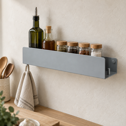 Gray aluminum wall shelf above a kitchen countertop holding olive oil, vinegar and spice jars, a striped dish towel on its hook