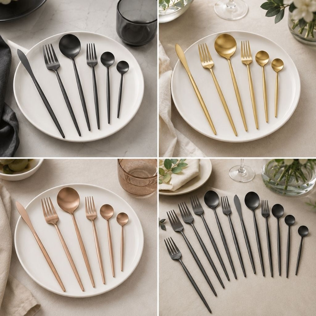 Black, gold and rose gold matte cutlery settings on white plates, and a row of black pieces