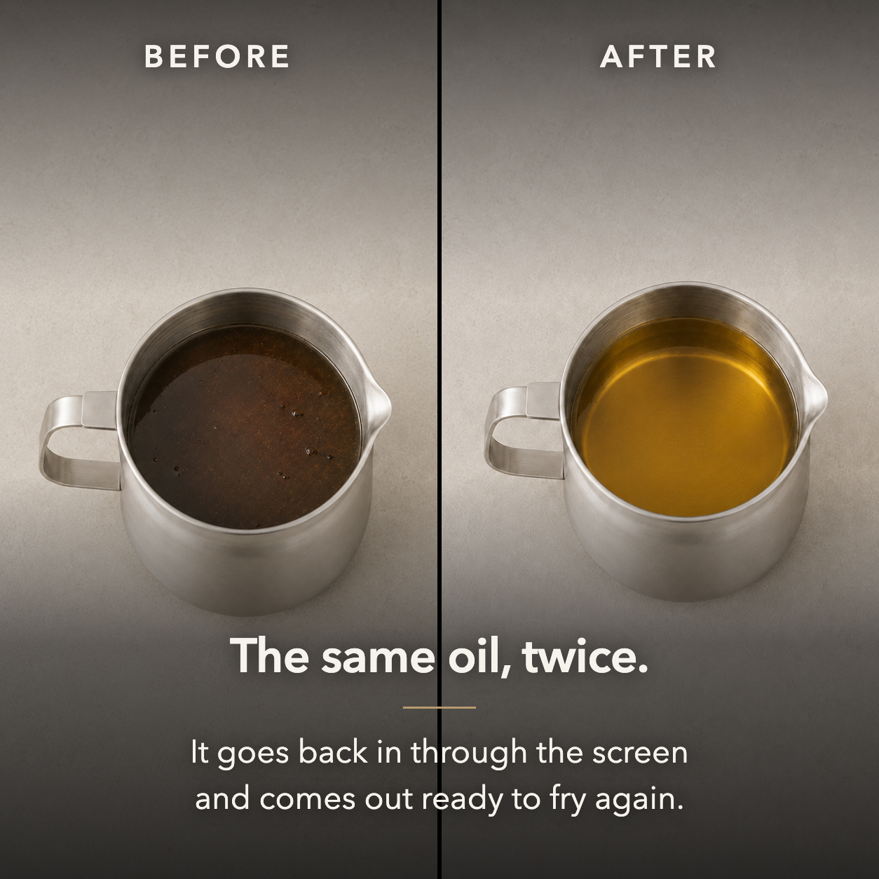 Before and after comparison of the same cooking oil, dark then clear