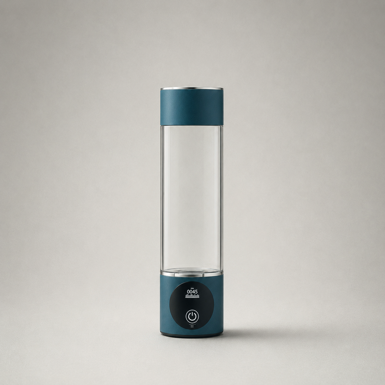 Studio front view of the Emerald Green hydrogen water bottle on plain grey