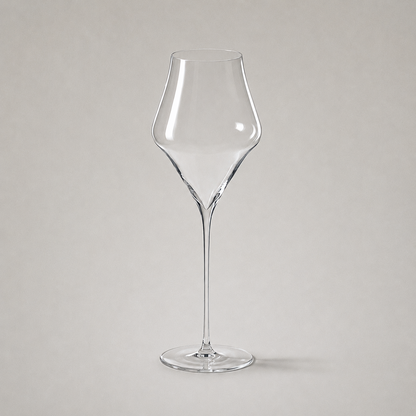 Ultra thin champagne glass with a wide tulip bowl and a long fine stem