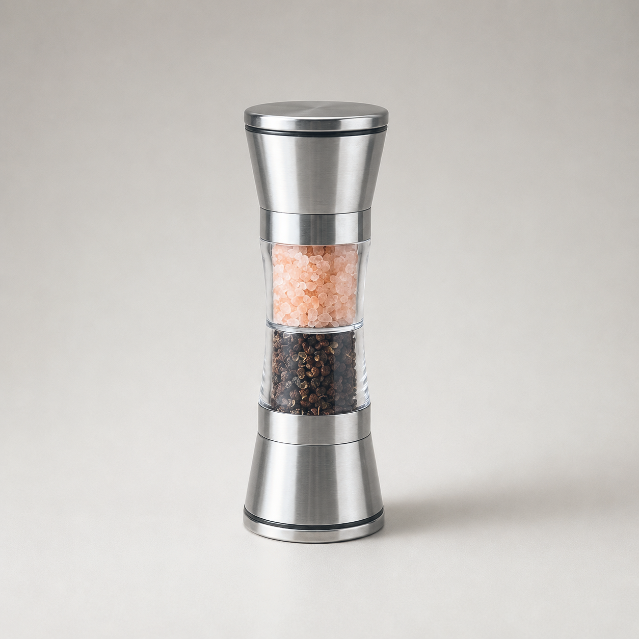 Stainless steel salt and pepper mill with two clear chambers and a waisted grip