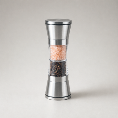 Stainless steel salt and pepper mill with two clear chambers and a waisted grip