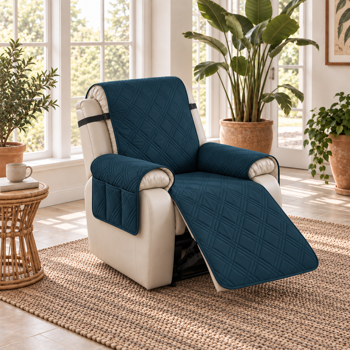 Teal quilted recliner slipcover with a three-compartment arm pocket on a cream leather recliner, footrest out, in a sunroom