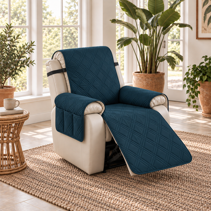 Teal quilted recliner slipcover with a three-compartment arm pocket on a cream leather recliner, footrest out, in a sunroom