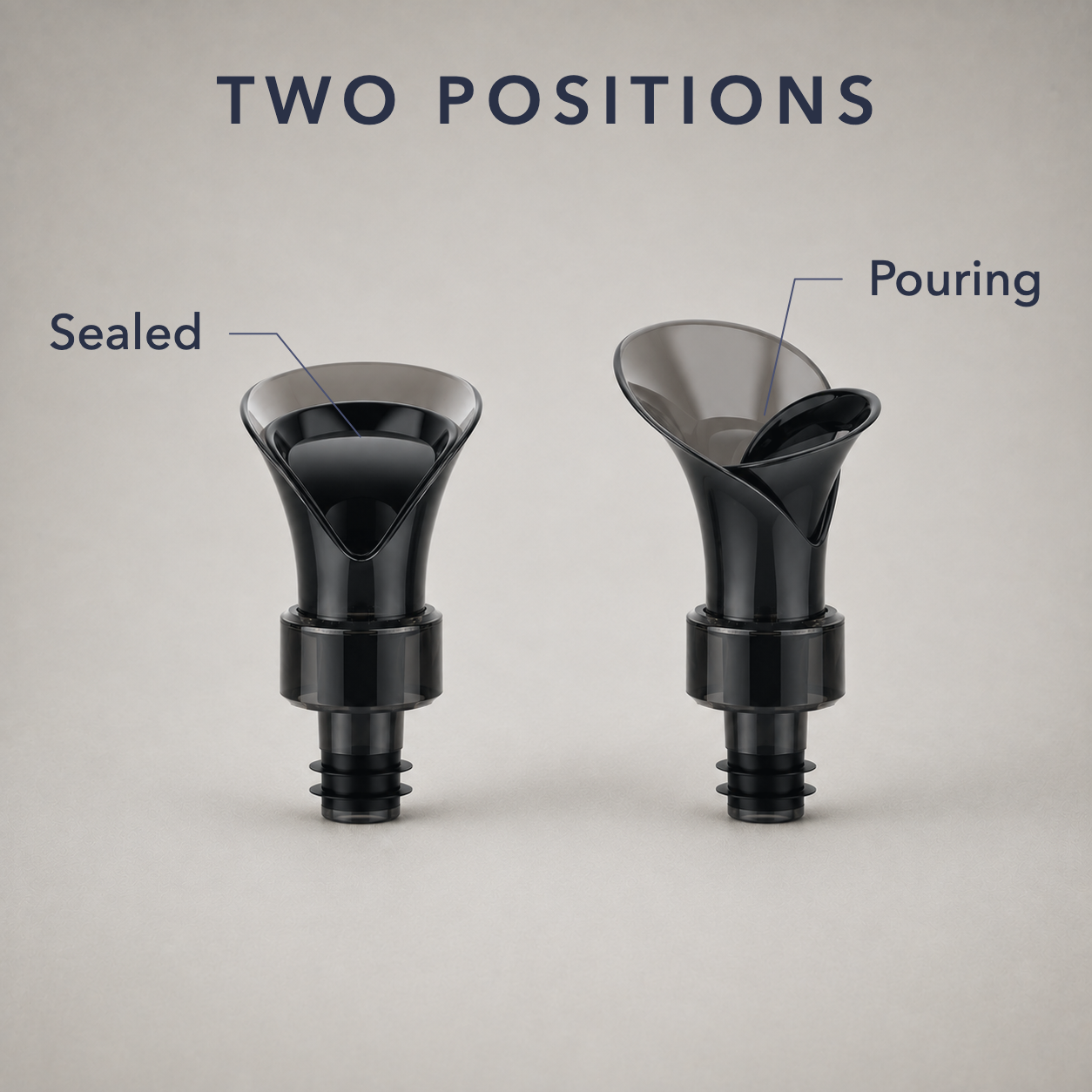 The wine stopper shown sealed and shown twisted open into its pouring position, side by side