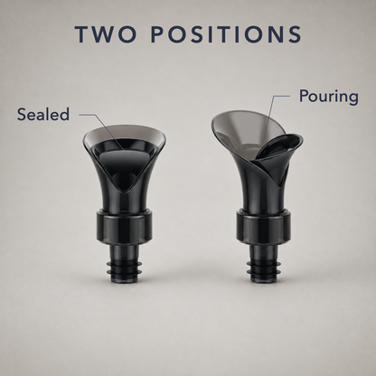 The wine stopper shown sealed and shown twisted open into its pouring position, side by side
