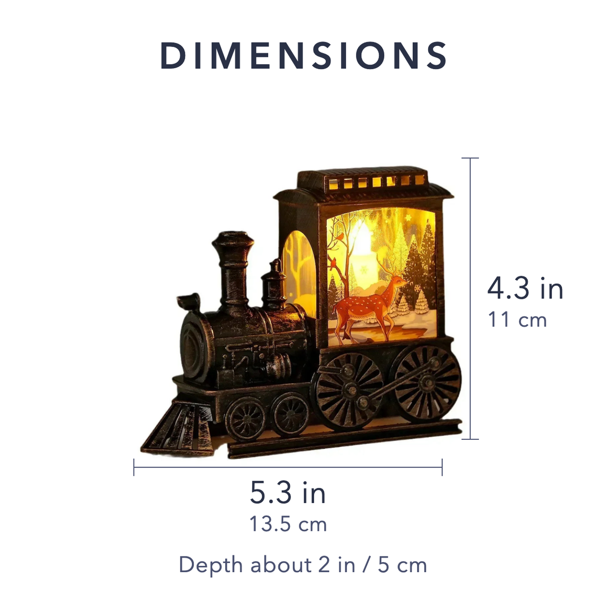 Dimensions of the vintage train Christmas lantern: 5.3 inches long and 4.3 inches tall
