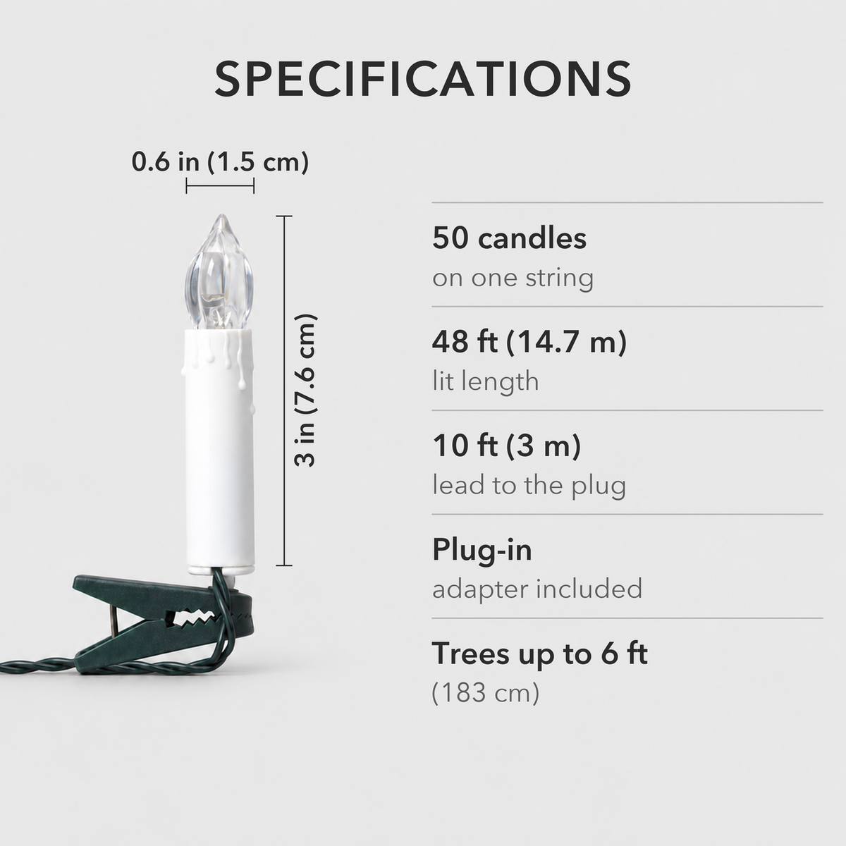 Specifications card showing one candle 3 inches tall and 0.6 inches wide, with 50 candles, 48 feet of lit string, a 10 foot lead and a plug-in adapter, for trees up to 6 feet