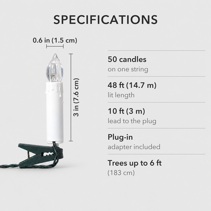 Specifications card showing one candle 3 inches tall and 0.6 inches wide, with 50 candles, 48 feet of lit string, a 10 foot lead and a plug-in adapter, for trees up to 6 feet