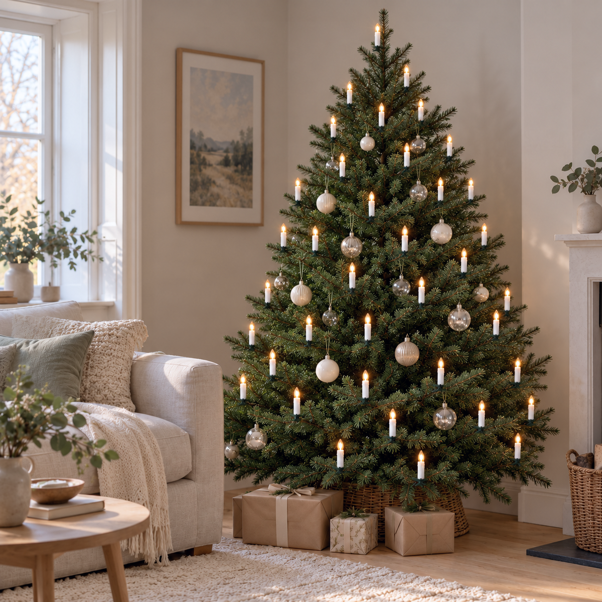 A 6 foot Christmas tree lit with white clip-on LED candles and pale baubles in the corner of a light living room with wrapped presents