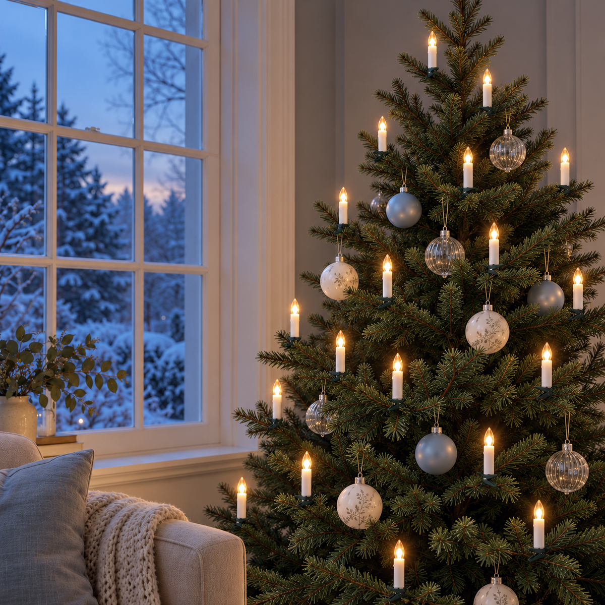 Christmas tree with lit white clip-on candles beside a tall window looking out on snow at dusk