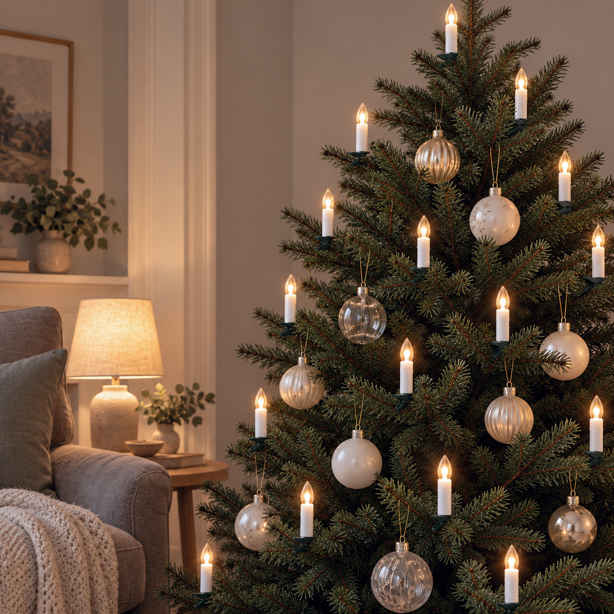 Clip-on LED candles glowing warm white on a Christmas tree beside an armchair and a table lamp in the evening