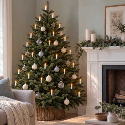 Christmas tree with lit white clip-on candles and soft blue and ivory baubles beside a white fireplace mantel with a eucalyptus garland