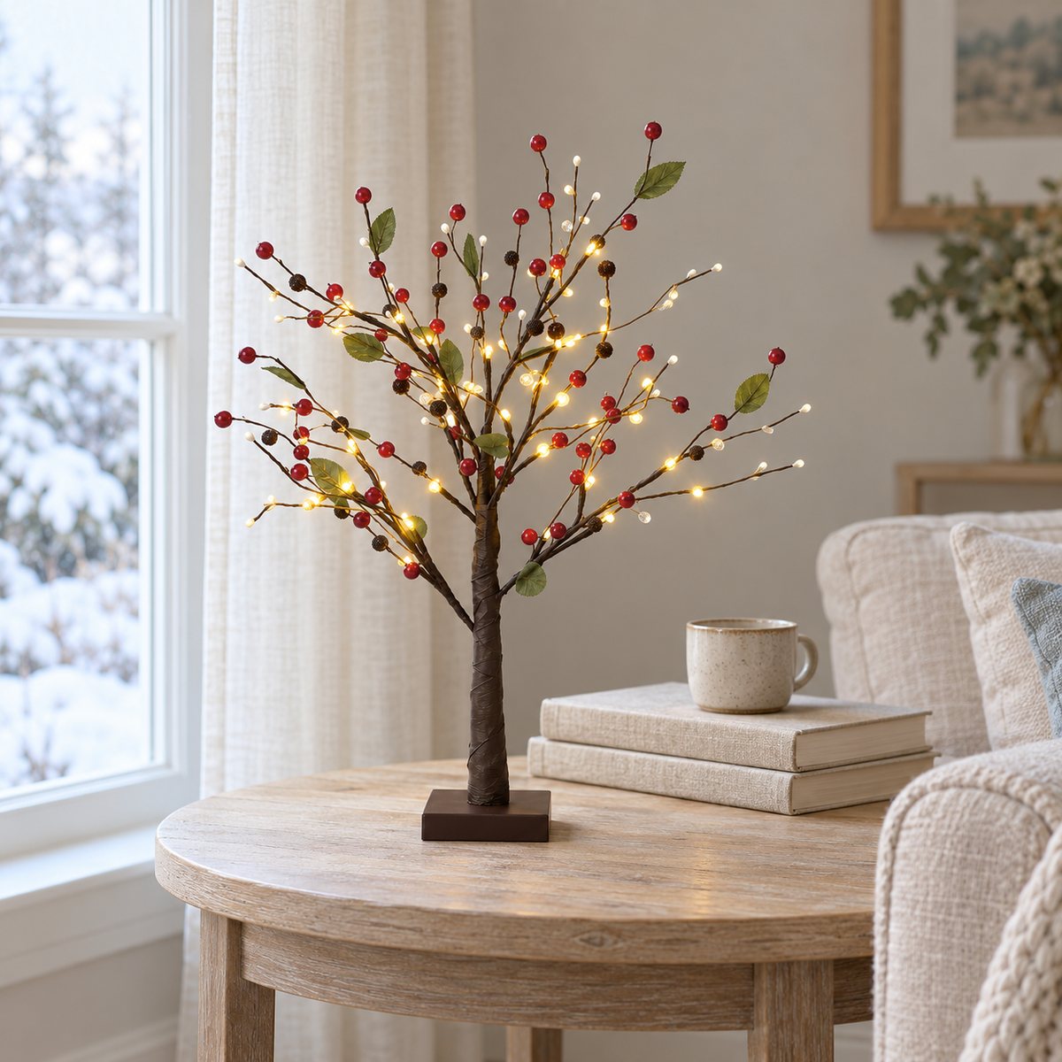 Red berry tabletop tree lit on a round oak side table beside an armchair, with books and a mug, by a snowy window in daylight