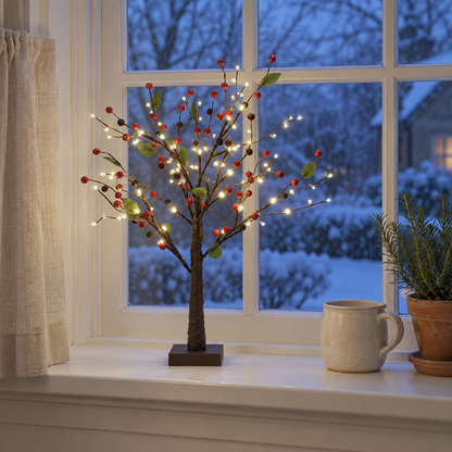 Red berry tabletop tree glowing on a white windowsill at dusk, with a mug and a potted rosemary plant and a snowy garden outside