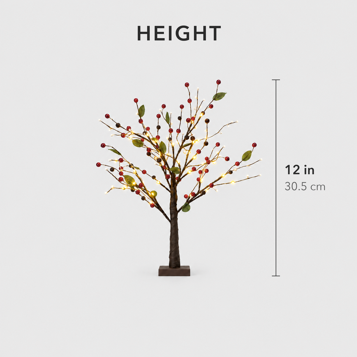 Height card showing the red berry tabletop Christmas tree measuring 12 inches tall