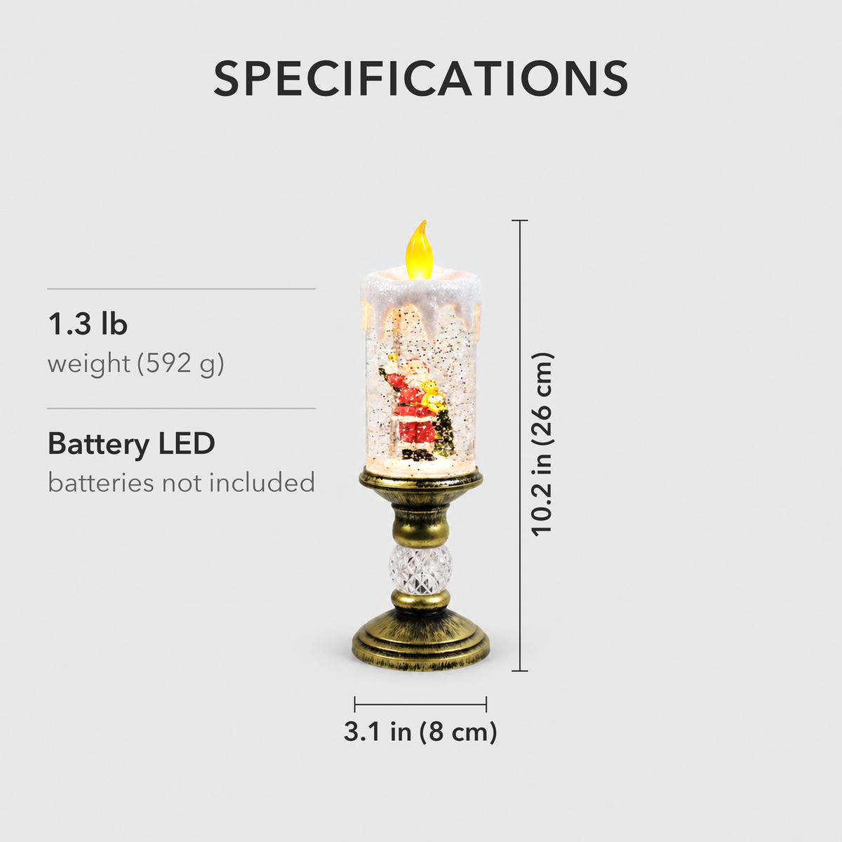 Specifications card showing the snow globe candle 10.2 inches tall and 3.1 inches wide across its base, weighing 1.3 pounds, battery LED with batteries not included