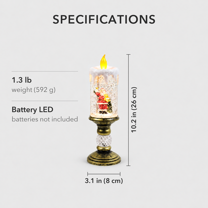Specifications card showing the snow globe candle 10.2 inches tall and 3.1 inches wide across its base, weighing 1.3 pounds, battery LED with batteries not included
