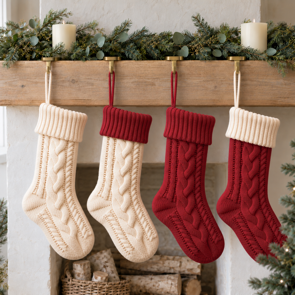 Four gently filled cable knit Christmas stockings in cream, cream and red, red, and red and cream hanging from brass holders on an oak mantel