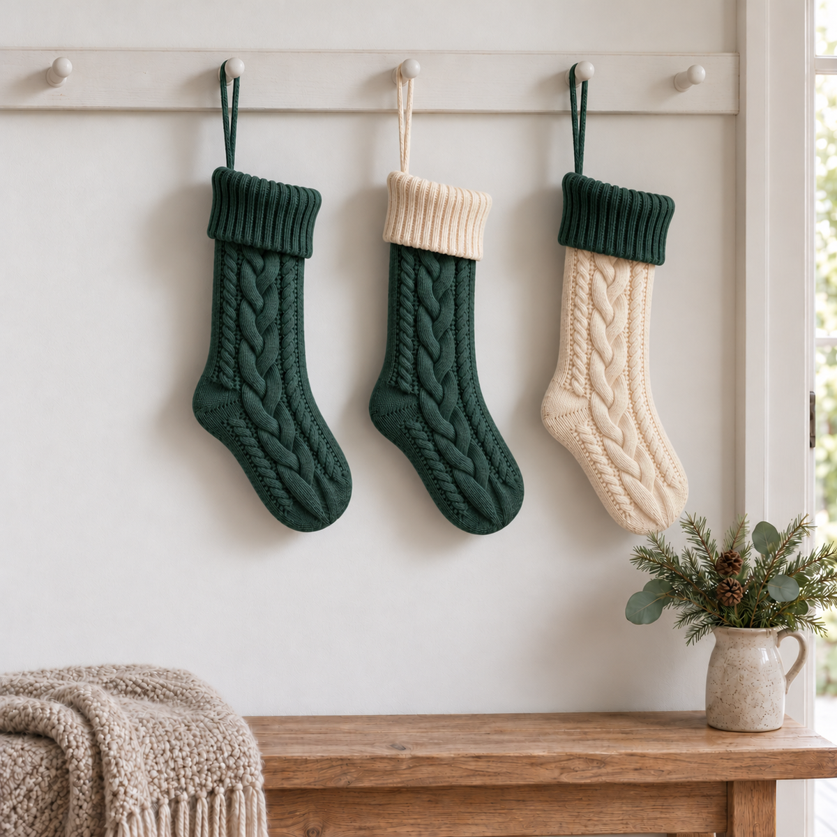 Green, green and cream, and cream and green cable knit stockings, gently filled, hanging from a Shaker peg rail above an oak bench