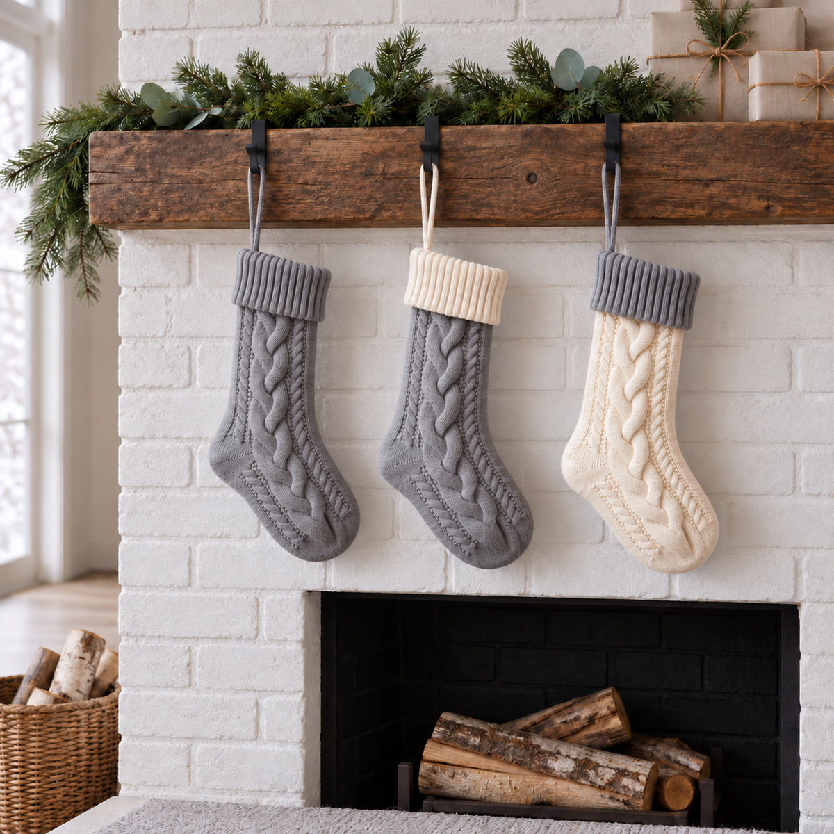 Gray, gray and cream, and cream and gray cable knit stockings, gently filled, hanging on a white brick fireplace with a dark oak mantel