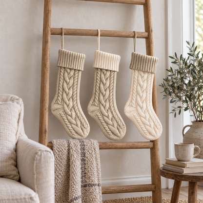 Beige, beige and cream, and cream and beige cable knit stockings hanging from a wooden blanket ladder in a living room
