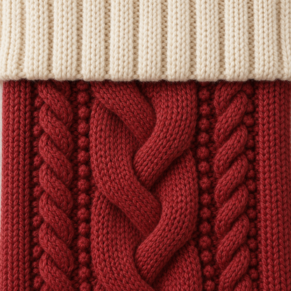 Close-up of the cream ribbed cuff above the braided cable and rope cables on a red knit stocking