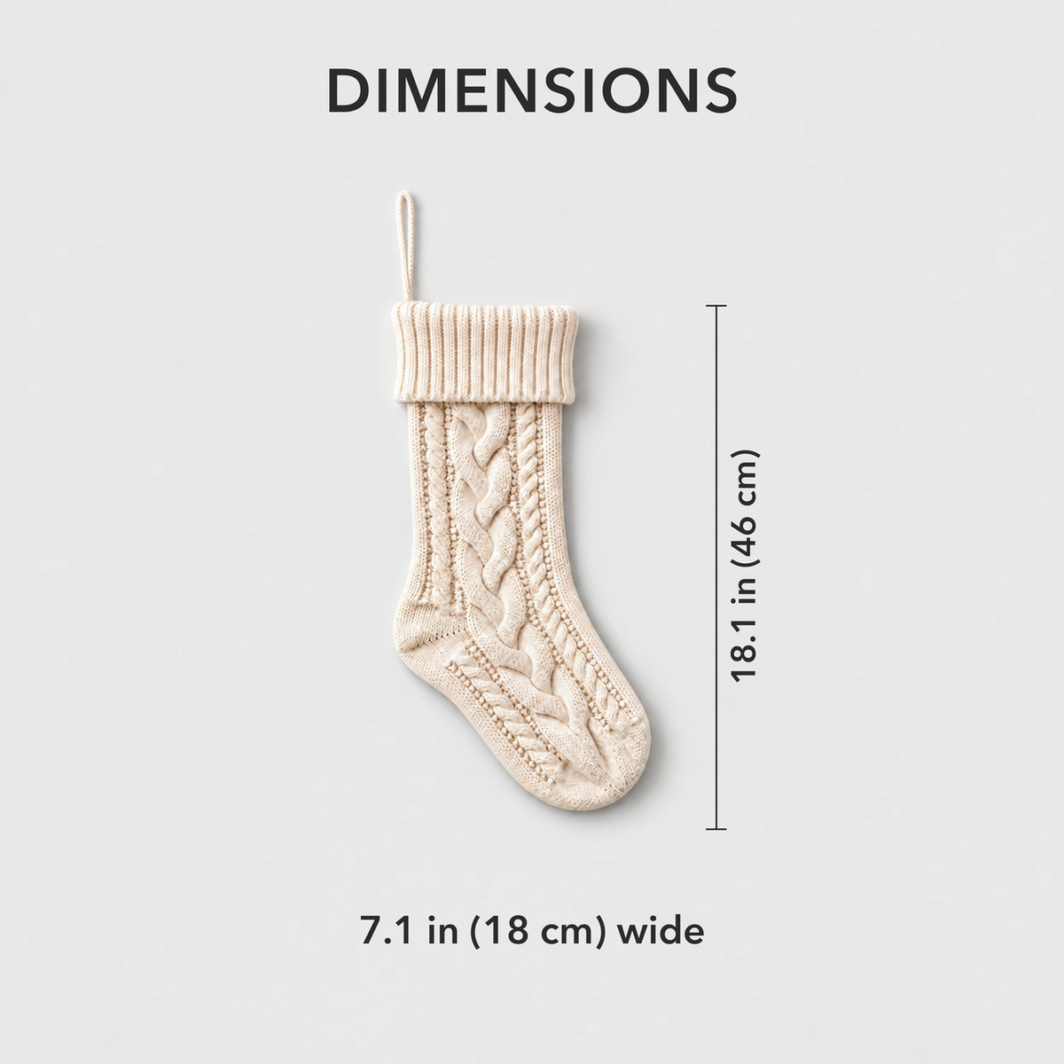 Cream cable knit Christmas stocking with its length of 18.1 inches marked and a width of 7.1 inches