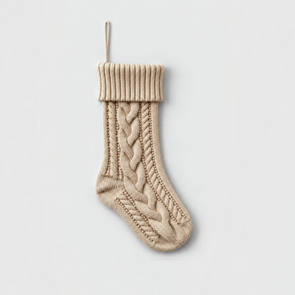 Beige cable knit Christmas stocking with a ribbed cuff on a light gray background