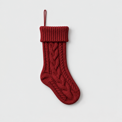Red cable knit Christmas stocking with a ribbed cuff on a light gray background
