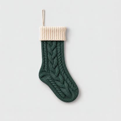 Green cable knit Christmas stocking with a cream ribbed cuff and cream hanging loop