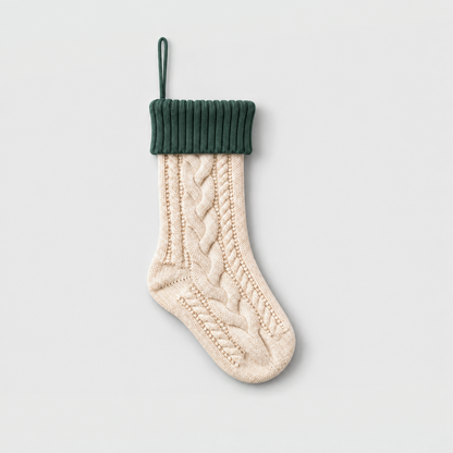 Cream cable knit Christmas stocking with a green ribbed cuff and green hanging loop