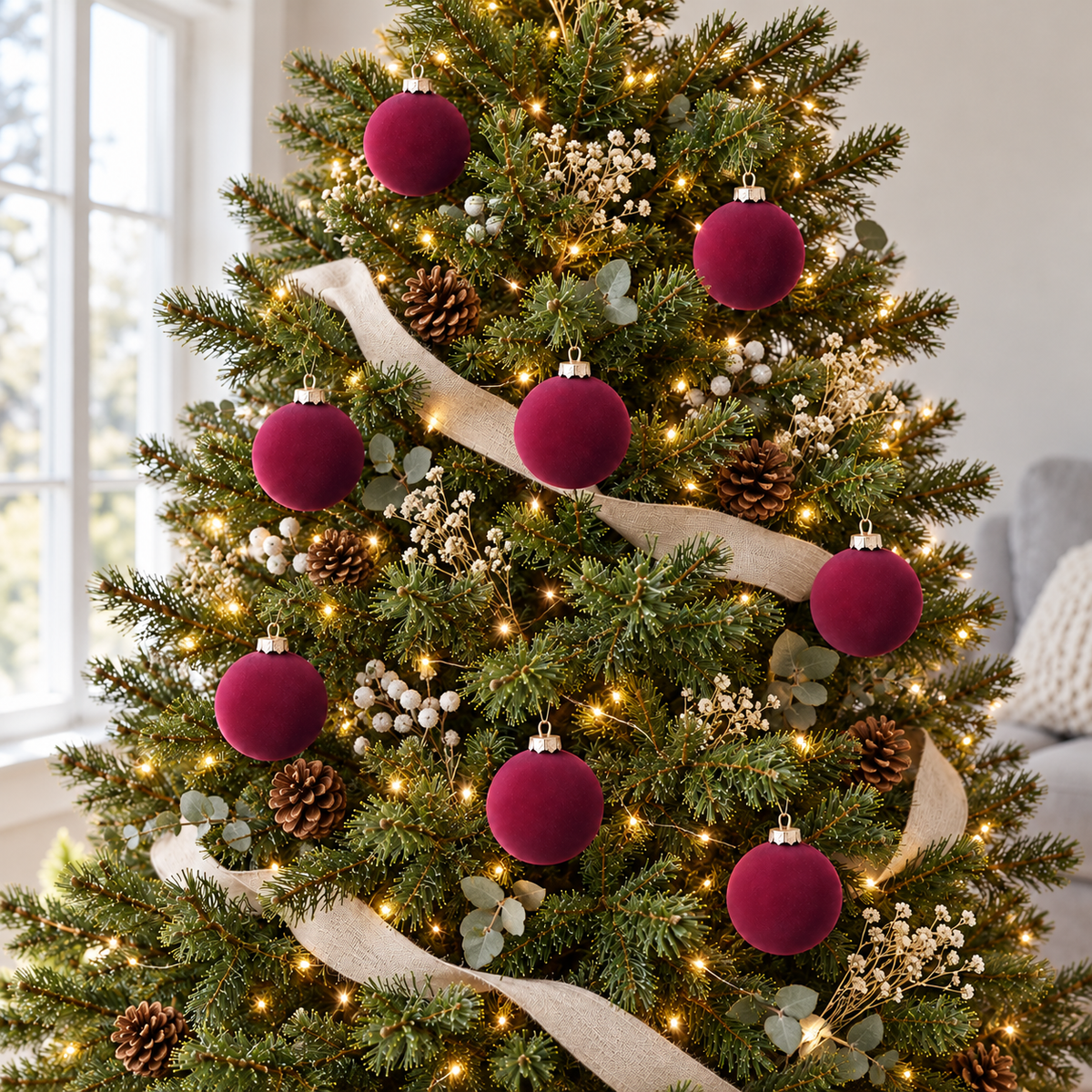 Burgundy velvet baubles hanging on a green Christmas tree in a bright living room
