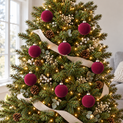 Burgundy velvet baubles hanging on a green Christmas tree in a bright living room