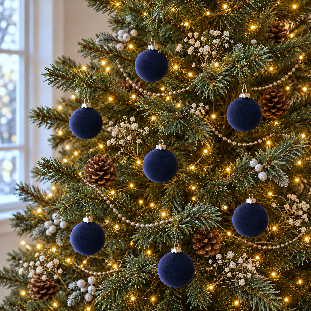 Navy velvet baubles hanging on a green Christmas tree wrapped in warm white lights, beside a bright window